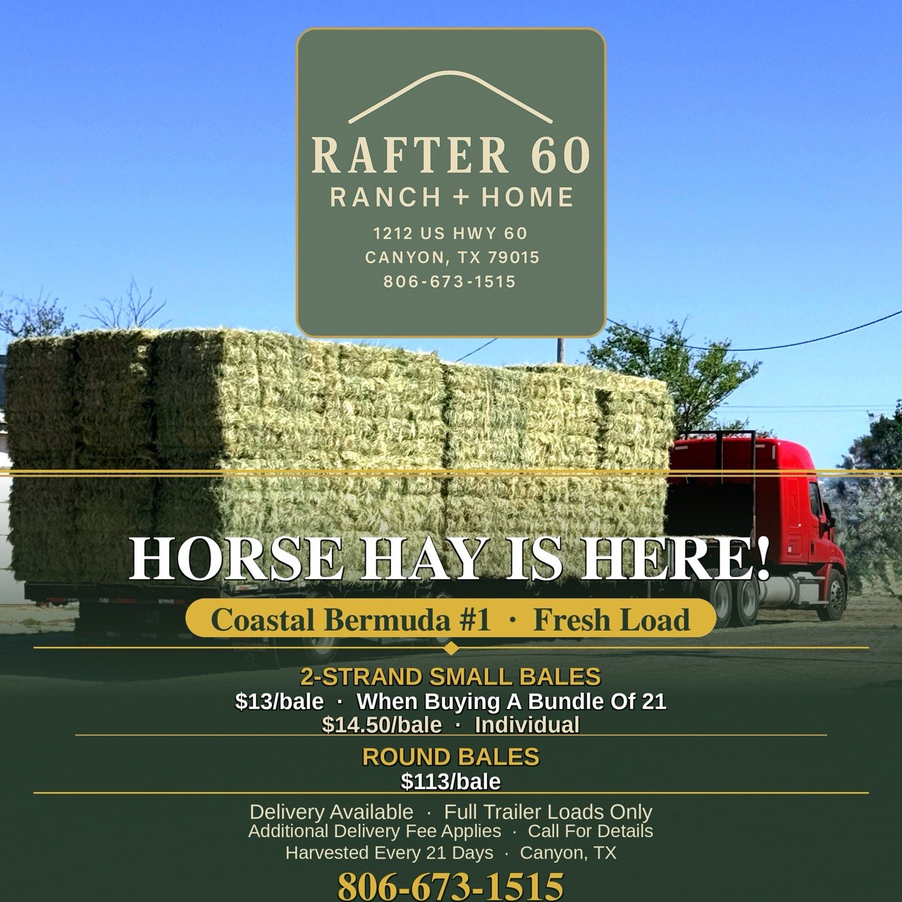 Horse hay flyer for Rafter 60 Ranch and Home