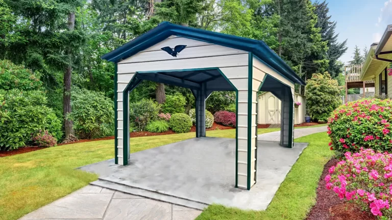 12x15x9 vertical roof metal carport with blue roof and trim, a sturdy metal carport providing reliable shelter for cars, trucks, or boats. Metal carports for sale from Eagle Carports protect vehicles from rain, snow, and UV rays.