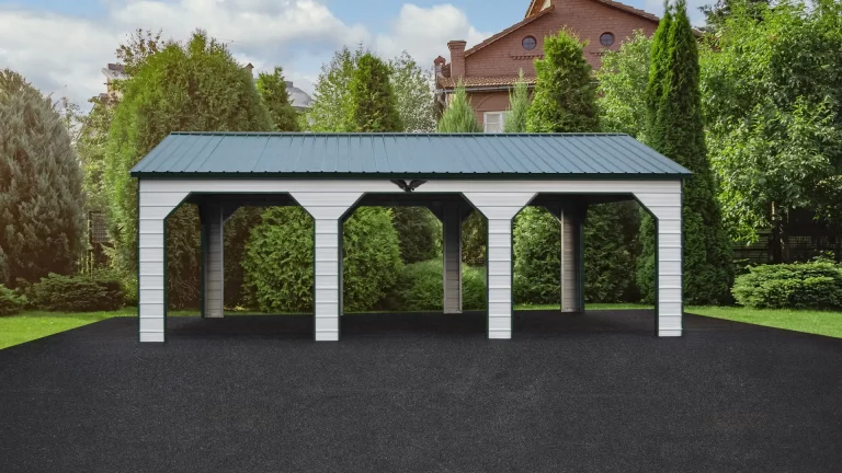 16x30x9 vertical roof metal carport with four open bays, a durable metal carport providing spacious covered parking for cars and trucks. Metal carports for sale from Eagle Carports protect vehicles from rain, snow, and UV rays.