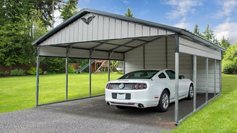 20x20x7 vertical single bay metal carport with partial side panels, protecting a white car on asphalt. This spacious metal carport offers covered parking, and Eagle Carports provides metal carports for sale to shield vehicles from rain and snow.