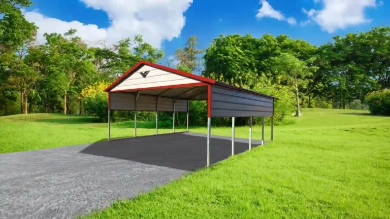 20x20x8 boxed eave roof metal carport with red trim and partial side panels on a paved driveway. This spacious metal carport provides covered parking, and Eagle Carports offers metal carports for sale to protect vehicles and equipment from harsh weather.