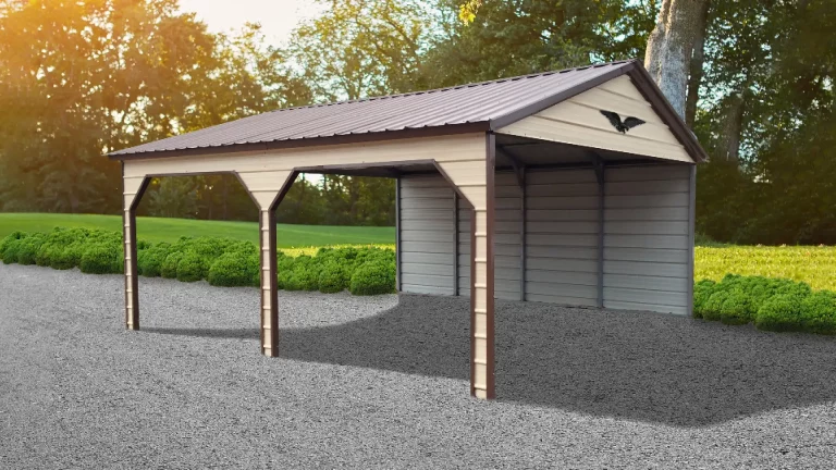 20x20x9 vertical roof metal carport with enclosed back wall and brown trim, providing durable covered parking on gravel. This sturdy metal carport offers reliable protection, and Eagle Carports has metal carports for sale to keep vehicles safe from rain, snow, and UV rays.