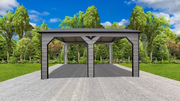 20x20x9 vertical roof metal carport with two open bays on a gravel driveway, providing durable covered parking. This metal carport offers reliable protection, and Eagle Carports has metal carports for sale to shield vehicles from rain, snow, and UV rays.