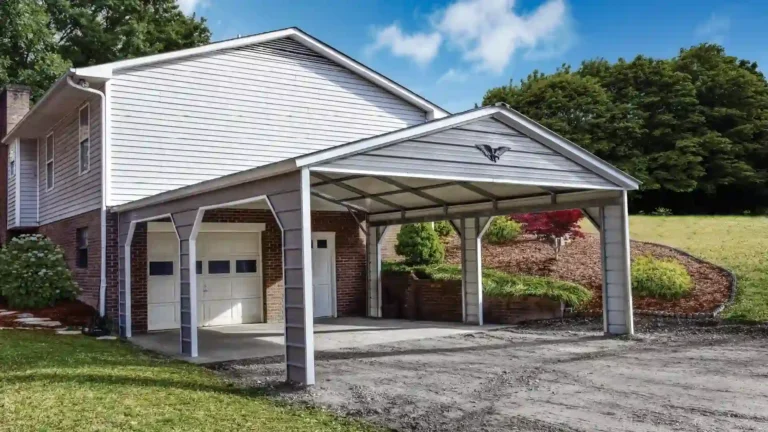 20x25x8 vertical roof metal carport attached to a brick house, providing covered parking and storage. This spacious metal carport offers reliable protection, and Eagle Carports has metal carports for sale to shield vehicles, boats, and equipment from rain and UV rays.
