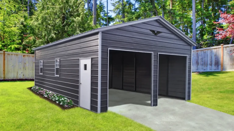 20x25x10 vertical roof metal garage with dark gray siding, two roll-up doors, side entry door, and windows on a concrete pad in a fenced backyard. This spacious metal garage provides secure storage for vehicles and equipment, and Eagle Carports offers metal garages for sale to protect your property year-round.