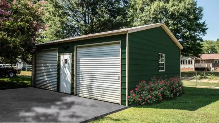 20x25x9 vertical roof metal garage with green siding, two roll-up doors, side entry door, and window beside flowering bushes in a residential yard. This durable metal garage provides secure storage for vehicles and equipment, and Eagle Carports offers metal garages for sale to protect your investments.